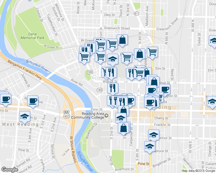 map of restaurants, bars, coffee shops, grocery stores, and more near 147 Pear Street in Reading