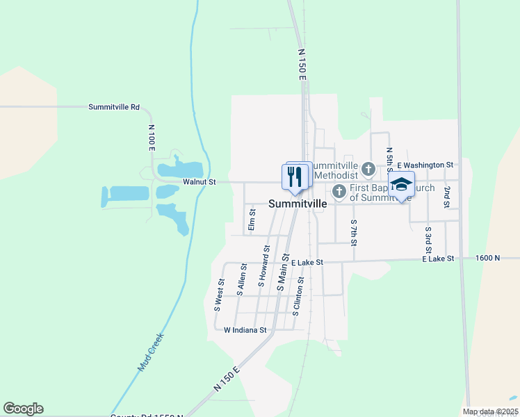 map of restaurants, bars, coffee shops, grocery stores, and more near 1121 West Mill Street in Summitville