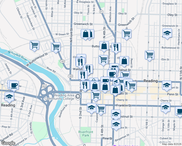 map of restaurants, bars, coffee shops, grocery stores, and more near 133 North 3rd Street in Reading
