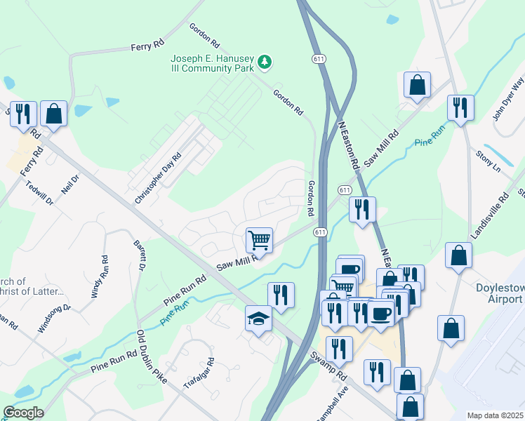 map of restaurants, bars, coffee shops, grocery stores, and more near 5412 Rinker Circle in Doylestown