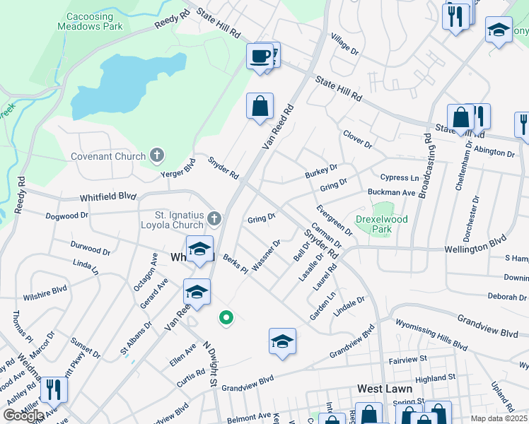 map of restaurants, bars, coffee shops, grocery stores, and more near 2307 Gring Drive in Reading