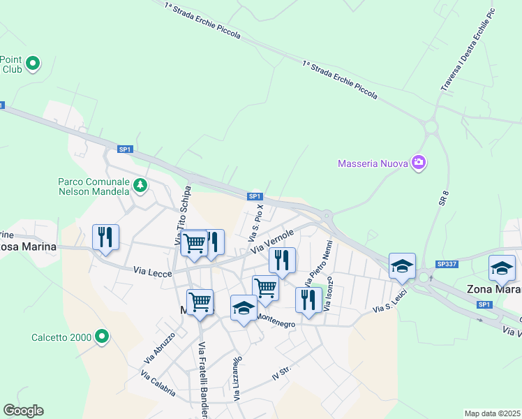 map of restaurants, bars, coffee shops, grocery stores, and more near 26 Via San Pio X in Merine