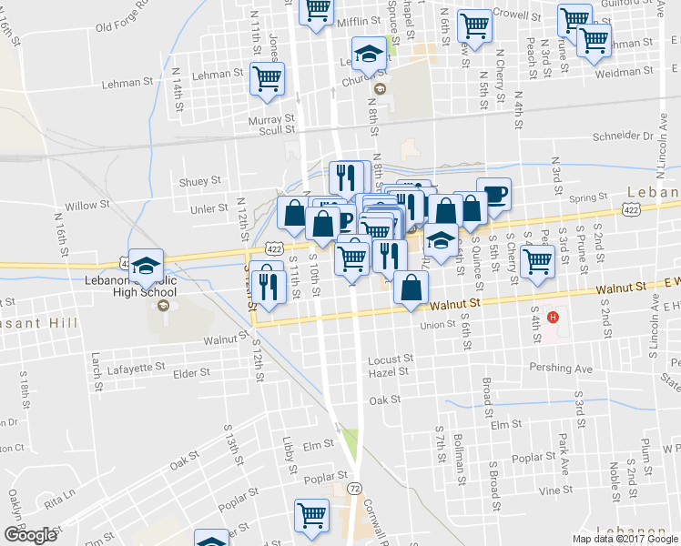 map of restaurants, bars, coffee shops, grocery stores, and more near 907 Chestnut Street in Lebanon