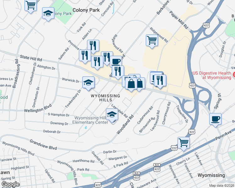 map of restaurants, bars, coffee shops, grocery stores, and more near in Wyomissing