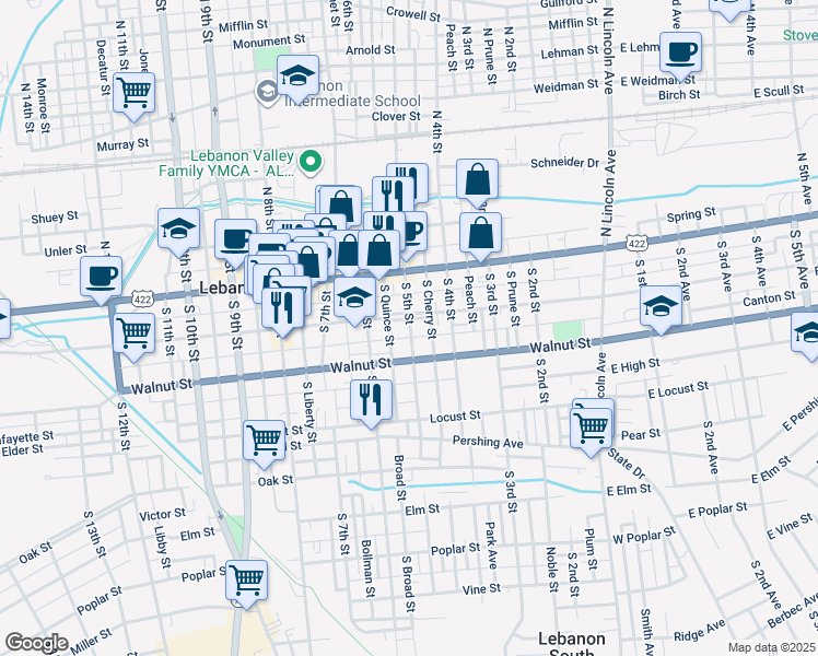 map of restaurants, bars, coffee shops, grocery stores, and more near 428 Chestnut Street in Lebanon