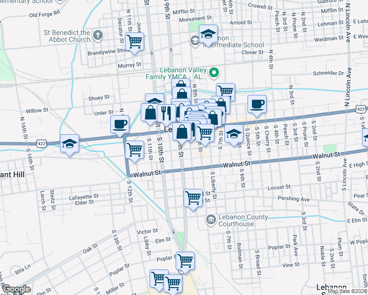 map of restaurants, bars, coffee shops, grocery stores, and more near 907 Chestnut Street in Lebanon