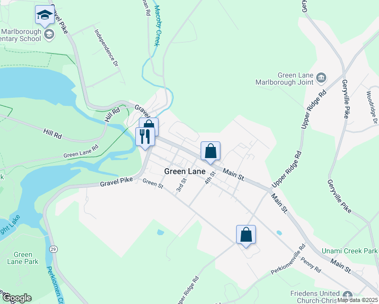 map of restaurants, bars, coffee shops, grocery stores, and more near Green Lane in Bucks County