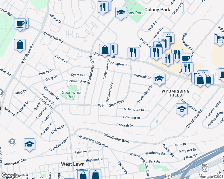 map of restaurants, bars, coffee shops, grocery stores, and more near 35 Dorchester Drive in Reading