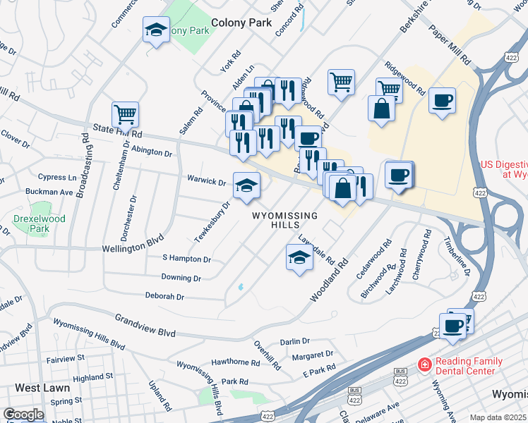 map of restaurants, bars, coffee shops, grocery stores, and more near 36 Lawndale Road in Reading