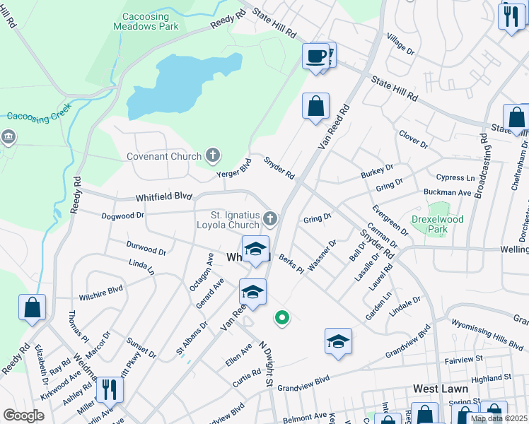 map of restaurants, bars, coffee shops, grocery stores, and more near 2501 Saint Albans Drive in Reading