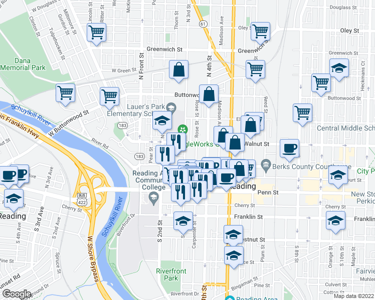 map of restaurants, bars, coffee shops, grocery stores, and more near 133 North 3rd Street in Reading