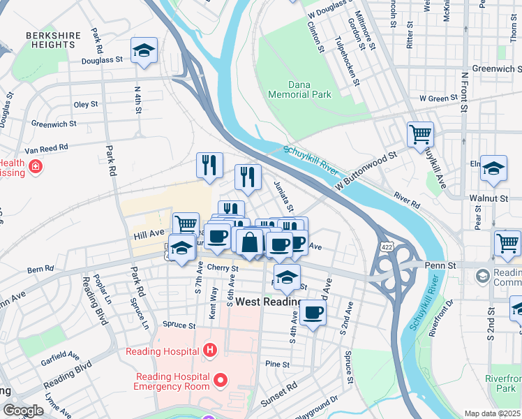 map of restaurants, bars, coffee shops, grocery stores, and more near 157 Tulpehocken Ave in West Reading