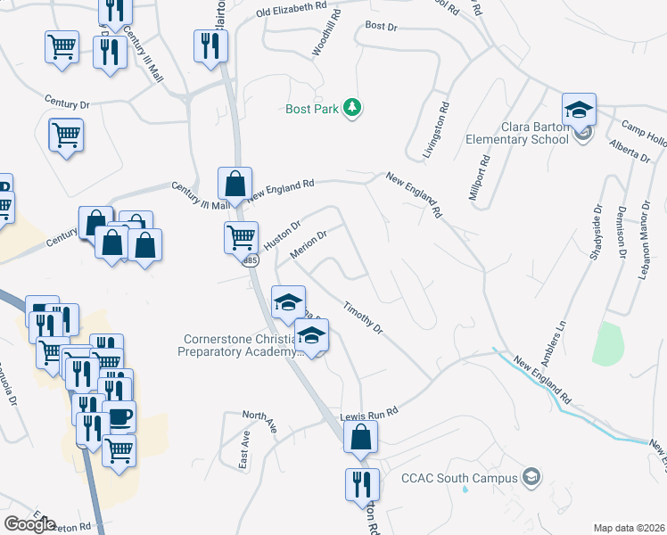 map of restaurants, bars, coffee shops, grocery stores, and more near 1032 Kentucky Blue Dr in West Mifflin