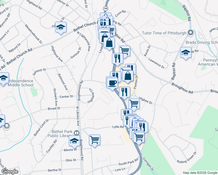 map of restaurants, bars, coffee shops, grocery stores, and more near 5100 Library Road in Bethel Park