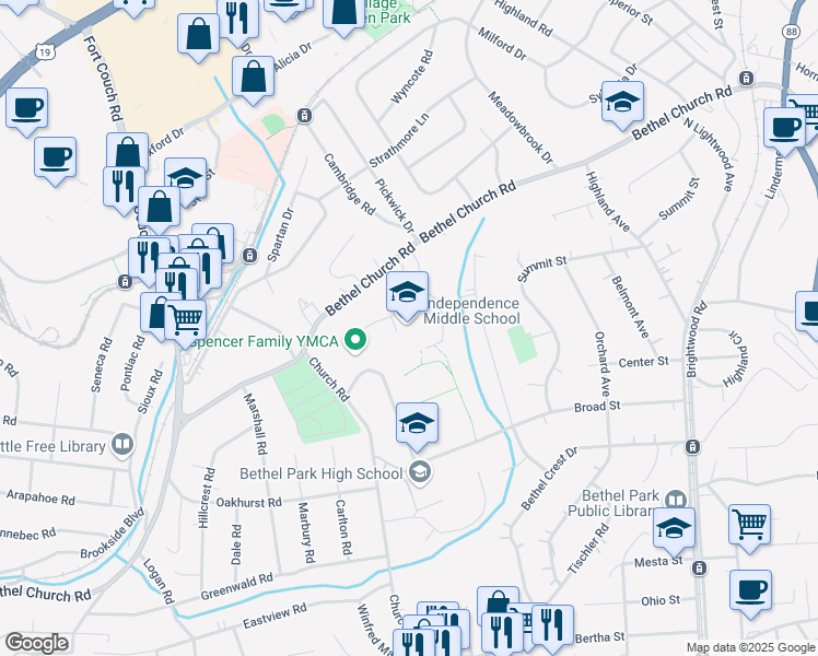map of restaurants, bars, coffee shops, grocery stores, and more near 2807 Bethel Church Road in Bethel Park