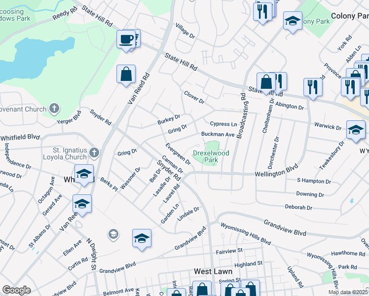 map of restaurants, bars, coffee shops, grocery stores, and more near 2111 Rosewood Court in Wyomissing