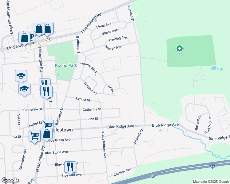 map of restaurants, bars, coffee shops, grocery stores, and more near 18 Amy Drive in Harrisburg