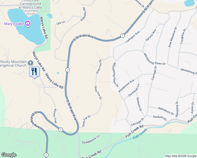 map of restaurants, bars, coffee shops, grocery stores, and more near 2650 Grey Fox Drive in Estes Park