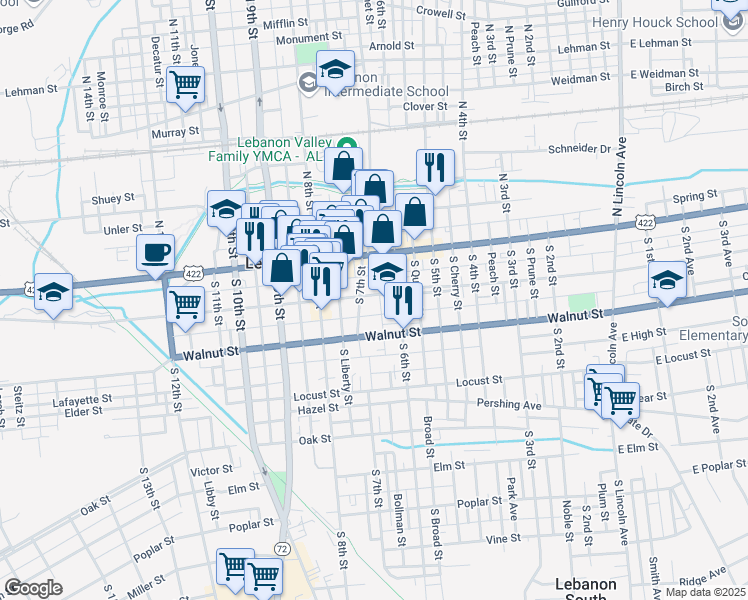 map of restaurants, bars, coffee shops, grocery stores, and more near 626 Chestnut Street in Lebanon