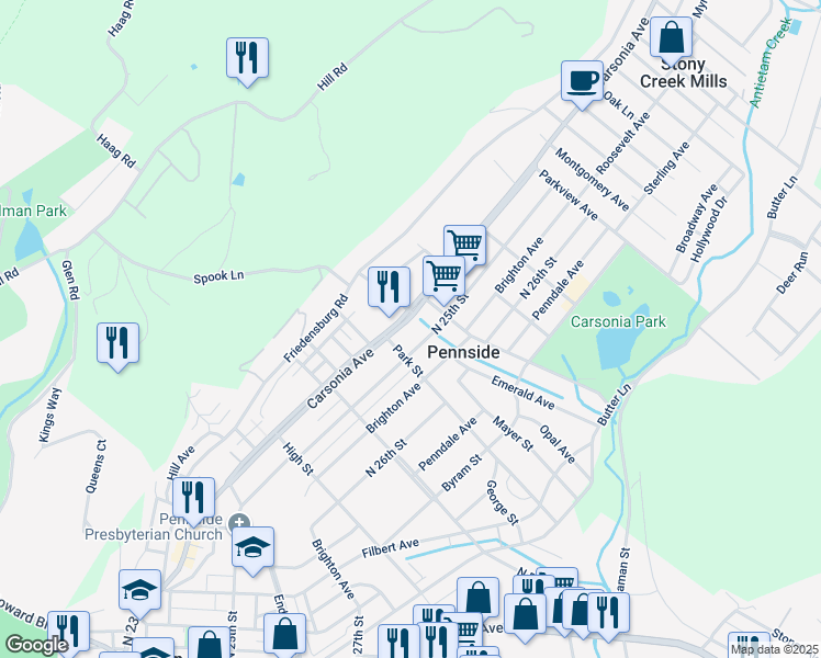 map of restaurants, bars, coffee shops, grocery stores, and more near 721 Carsonia Avenue in Reading