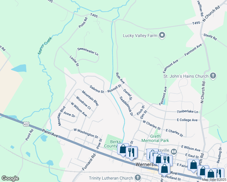 map of restaurants, bars, coffee shops, grocery stores, and more near 420 Russell Street in Wernersville