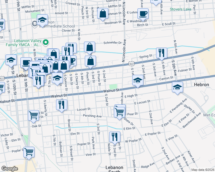 map of restaurants, bars, coffee shops, grocery stores, and more near 125 South 2nd Street in Lebanon