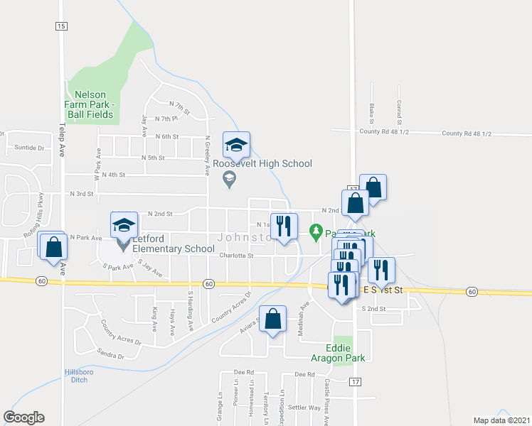 map of restaurants, bars, coffee shops, grocery stores, and more near 120 North Denver Avenue in Johnstown