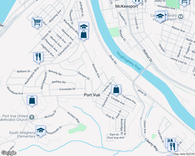 map of restaurants, bars, coffee shops, grocery stores, and more near 1478 Romine Avenue in McKeesport