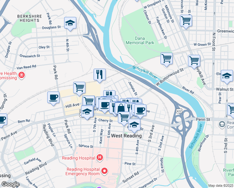 map of restaurants, bars, coffee shops, grocery stores, and more near 200 Tulpehocken Avenue in West Reading