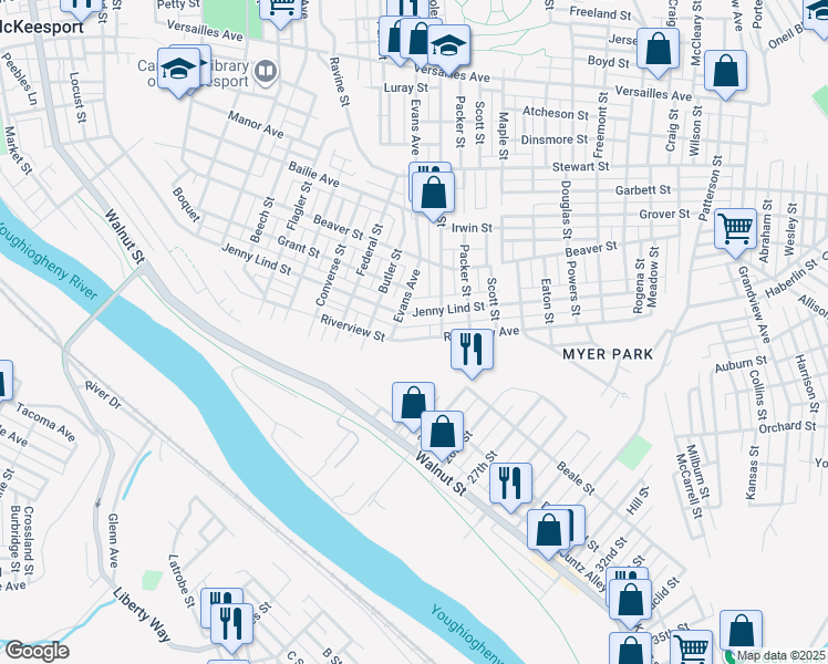 map of restaurants, bars, coffee shops, grocery stores, and more near 2317 Riverview Street in McKeesport