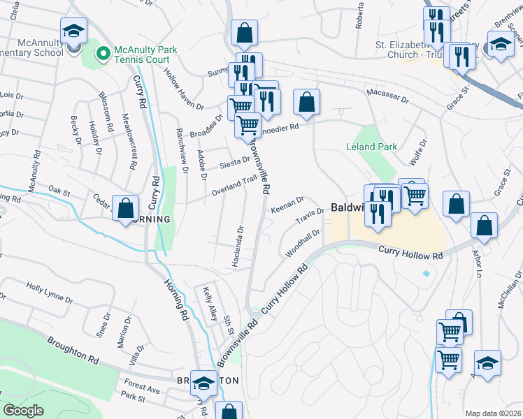map of restaurants, bars, coffee shops, grocery stores, and more near 5404 Brownsville Road in Pittsburgh