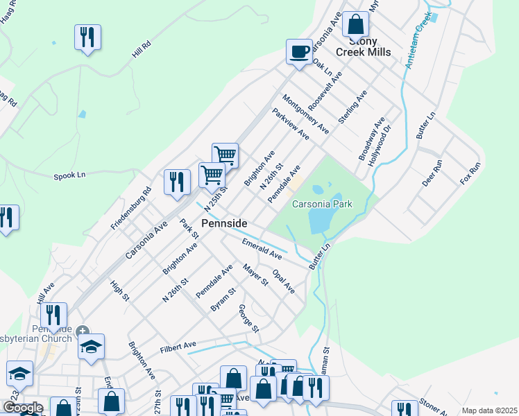 map of restaurants, bars, coffee shops, grocery stores, and more near 806 Penndale Avenue in Reading