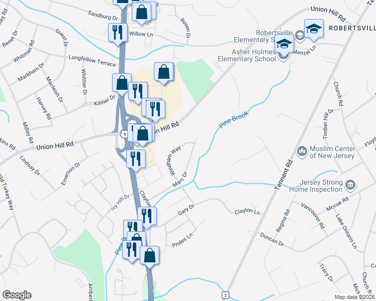 map of restaurants, bars, coffee shops, grocery stores, and more near 31 Marc Drive in Manalapan Township