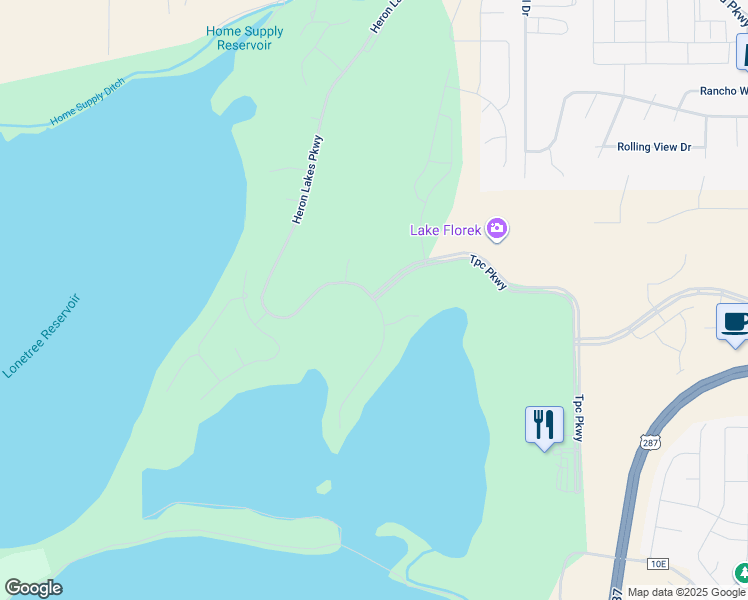 map of restaurants, bars, coffee shops, grocery stores, and more near 2599 Heron Lakes Parkway in Berthoud