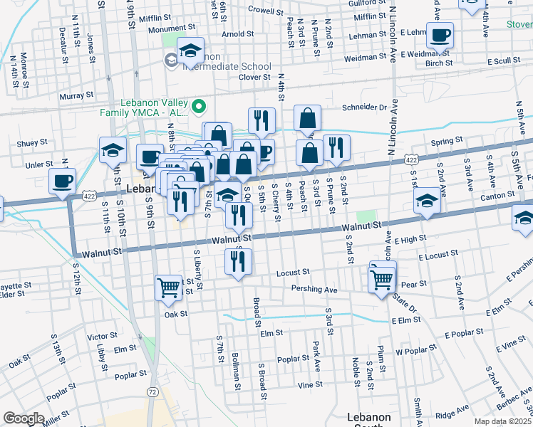 map of restaurants, bars, coffee shops, grocery stores, and more near 428 Chestnut Street in Lebanon
