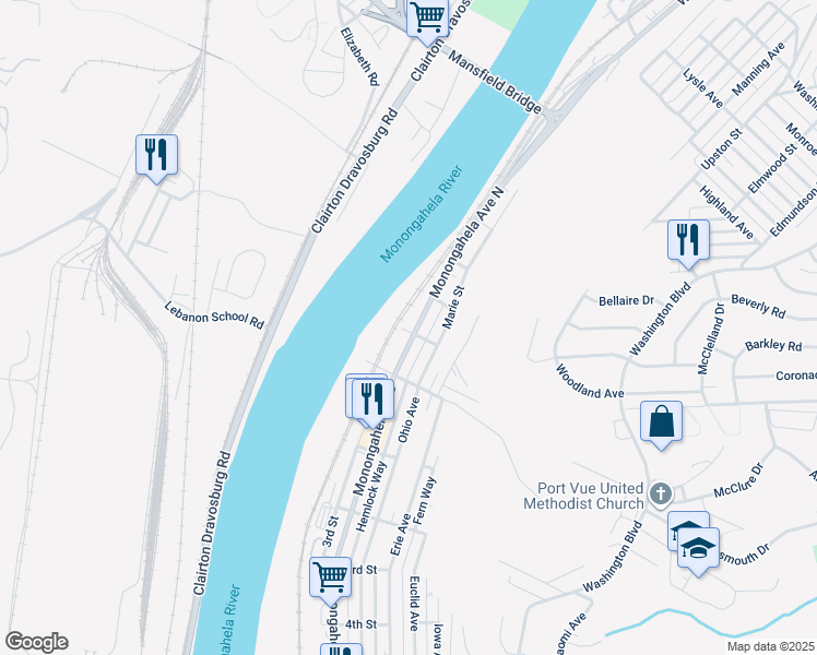 map of restaurants, bars, coffee shops, grocery stores, and more near 301 Monongahela Avenue North in Glassport