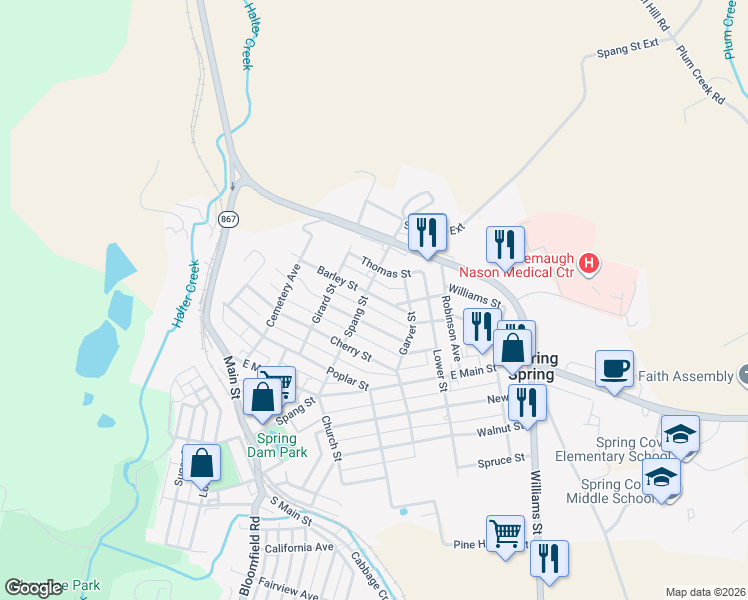 map of restaurants, bars, coffee shops, grocery stores, and more near 508 Barley Street in Roaring Spring