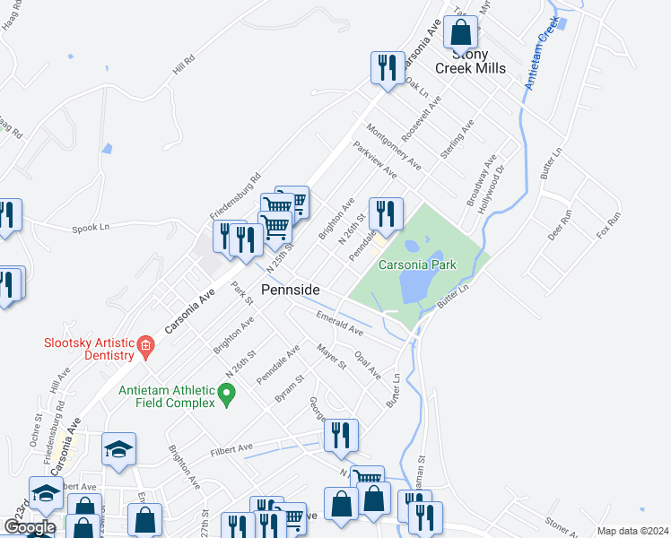 map of restaurants, bars, coffee shops, grocery stores, and more near 806 Penndale Avenue in Reading