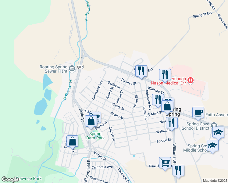 map of restaurants, bars, coffee shops, grocery stores, and more near 411 Maple Street in Roaring Spring