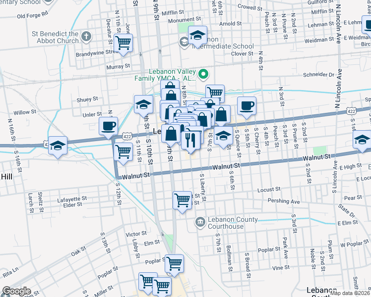 map of restaurants, bars, coffee shops, grocery stores, and more near 813 Chestnut Street in Lebanon