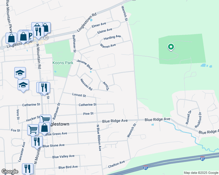 map of restaurants, bars, coffee shops, grocery stores, and more near 18 Amy Drive in Harrisburg