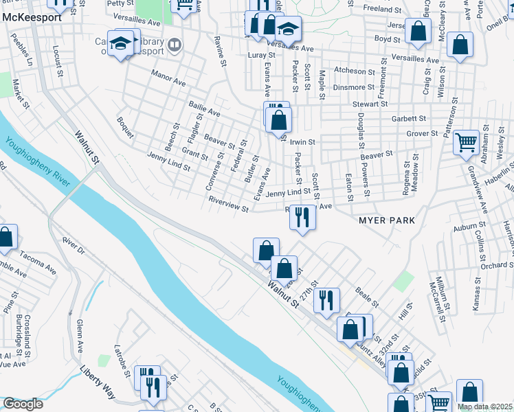 map of restaurants, bars, coffee shops, grocery stores, and more near 2317 Riverview Street in McKeesport
