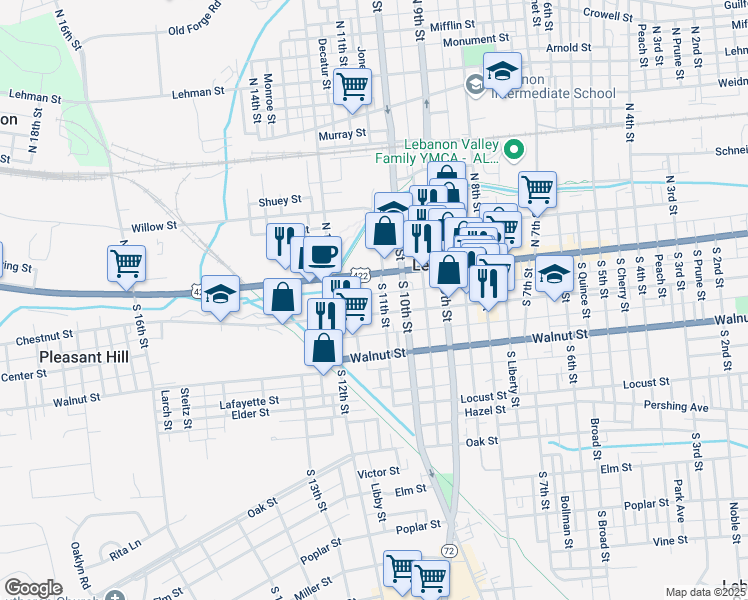 map of restaurants, bars, coffee shops, grocery stores, and more near 1108 Walton Street in Lebanon
