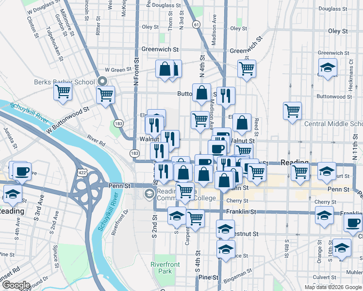 map of restaurants, bars, coffee shops, grocery stores, and more near 133 North 3rd Street in Reading