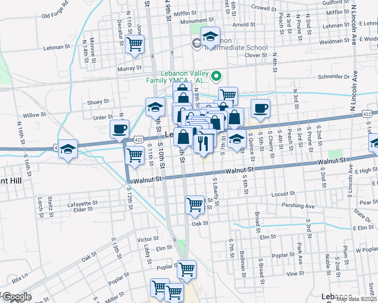 map of restaurants, bars, coffee shops, grocery stores, and more near 813 Chestnut Street in Lebanon