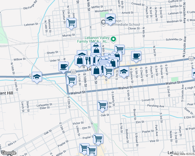 map of restaurants, bars, coffee shops, grocery stores, and more near 907 Chestnut Street in Lebanon