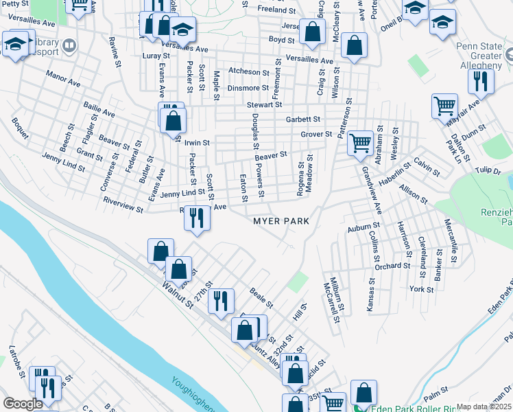 map of restaurants, bars, coffee shops, grocery stores, and more near 2812 Riverview Avenue in McKeesport