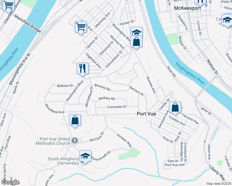 map of restaurants, bars, coffee shops, grocery stores, and more near 1338 Beverly Road in McKeesport