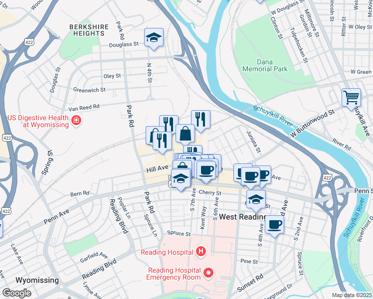 map of restaurants, bars, coffee shops, grocery stores, and more near 739 Reading Ave in West Reading
