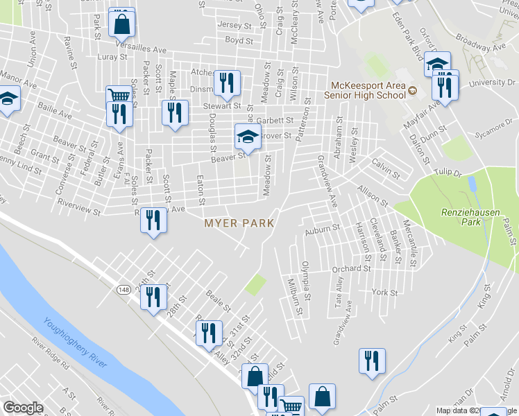 map of restaurants, bars, coffee shops, grocery stores, and more near 3024 Riverview Street in McKeesport